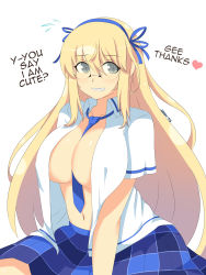 Rule 34 | 10s, 1girl, absurdres, bespectacled, between breasts, blonde hair, blue necktie, blue ribbon, blue skirt, blush, breasts, center opening, covered erect nipples, english text, flying sweatdrops, glasses, grey eyes, grin, hair ribbon, hairband, highres, katsuragi (senran kagura), large breasts, long hair, looking at viewer, navel, necktie, necktie between breasts, no bra, open clothes, open shirt, plaid, plaid skirt, ribbon, rimless eyewear, senran kagura, shirt, short sleeves, sidelocks, skirt, smile, solo, stomach, white background, white shirt, z666ful