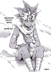 Rule 34 | 1boy, artist name, atem, commentary request, english text, hand on own knee, highres, jewelry, looking at viewer, male focus, mibry (phrysm), millennium puzzle, monochrome, sitting, smile, solo, spiked hair, takahashi kazuki (person), yu-gi-oh!, yu-gi-oh! duel monsters