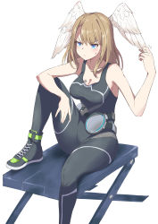Rule 34 | 1girl, absurdres, bare arms, black footwear, black jumpsuit, blonde hair, blue eyes, blush, breasts, cleavage, closed mouth, collarbone, eunie (xenoblade), feathered wings, hair between eyes, head wings, highres, jumpsuit, long hair, medium breasts, shoes, showhey!!, simple background, sitting, sneakers, solo, straight hair, sweatdrop, white background, white wings, wings, xenoblade chronicles (series), xenoblade chronicles 3