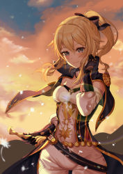 Rule 34 | 1girl, absurdres, blonde hair, blue eyes, blush, bow, capelet, cross, cross earrings, earrings, genshin impact, gloves, hair bow, half-closed eyes, hand in own hair, highres, holding, holding sword, holding weapon, jean (genshin impact), jewelry, kinyouny, sky, smile, solo, sunset, sword, weapon