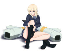 Rule 34 | 1girl, absurdres, black panties, blonde hair, blue eyes, blue jacket, blue shirt, boots, breasts, commentary, dressing, english commentary, feet, groin tendon, highres, isosceles triangle (xyzxyzxyz), jacket, knee boots, knee up, large breasts, long hair, looking at viewer, military, military uniform, original, panties, putting on shoes, shirt, shoes, sidelocks, single boot, single shoe, sitting, solo, striker unit, toes, underwear, uniform, white background, world witches series