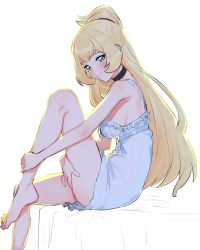 Rule 34 | 1girl, aikatsu! (series), aikatsu stars!, aqua eyes, armpit crease, bare arms, bare shoulders, barefoot, black choker, blonde hair, blush, breasts, choker, dress, frilled dress, frills, from side, hair bun, half-closed eyes, hand on own leg, hand on own thigh, highres, large breasts, leg up, light smile, long hair, looking at viewer, looking to the side, naughty face, nightgown, no bra, no panties, on bed, see-through, see-through dress, shiratori hime, short dress, sideboob, sidelocks, simple background, single hair bun, sleeveless, solo, suisogenshi, sweat, unfinished, white background, white dress