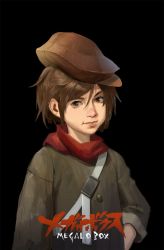 Rule 34 | 1boy, black background, brown eyes, brown hair, brown hat, child, copyright name, dong wensen, green jacket, hand on own hip, hat, highres, jacket, logo, looking at viewer, male focus, megalo box, red scarf, sachio (megalo box), scarf, solo