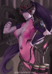 Rule 34 | 1girl, arm tattoo, artist name, black gloves, bodysuit, breasts, colored skin, cowboy shot, dated, gloves, gun, hand on own hip, head-mounted display, holding, holding gun, holding weapon, karl liversidge, large breasts, lips, long hair, looking at viewer, nose, over shoulder, overwatch, overwatch 1, pink bodysuit, ponytail, purple hair, purple skin, rifle, shiny clothes, short sleeves, sideways glance, signature, skin tight, solo, tattoo, very long hair, watermark, weapon, web address, widowmaker (overwatch), yellow eyes