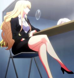 Rule 34 | 10s, 1girl, blonde hair, blue eyes, breasts, chair, female focus, formal, grisaia (series), grisaia no kajitsu, grisaia no rakuen, harudera yuria, high heels, highres, large breasts, crossed legs, long hair, sitting, skirt, skirt suit, smile, solo, stitched, suit, third-party edit