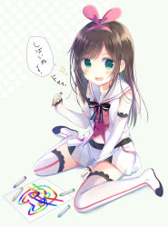 Rule 34 | 1girl, :d, bad id, bad pixiv id, between legs, blush, boots, brown hair, commentary request, crayon, detached sleeves, fingernails, green eyes, grey background, hair ribbon, hairband, hand between legs, highres, holding, kizuna ai, kizuna ai inc., long hair, long sleeves, looking at viewer, multicolored hair, nail polish, navel, open mouth, pink hair, pink hairband, pink nails, pink ribbon, polka dot, polka dot background, ribbon, shiiba nae, shirt, short shorts, shorts, sitting, sleeveless, sleeveless shirt, sleeves past wrists, smile, solo, sparkle, streaked hair, teeth, thigh boots, thighhighs, translation request, upper teeth only, v-shaped eyebrows, very long hair, virtual youtuber, wariza, white footwear, white shirt, white shorts, white thighhighs