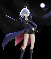 Rule 34 | 1girl, bad id, bad pixiv id, black dress, black footwear, blue coat, boots, coat, collarbone, dress, fate/grand order, fate (series), full moon, holding, holding sword, holding weapon, jeanne d&#039;arc (fate), jeanne d&#039;arc alter (fate), jeanne d&#039;arc alter (ver. shinjuku 1999) (fate), jewelry, knee boots, leaning to the side, looking at viewer, moon, necklace, official alternate costume, open clothes, open coat, parted lips, roi (liu tian), short dress, short hair, silver hair, solo, standing, sword, weapon, yellow eyes