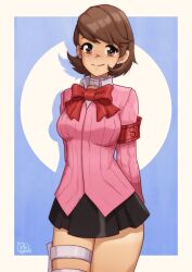 Rule 34 | 1girl, armband, arms behind back, artist logo, black skirt, blush, bow, bowtie, breasts, brown eyes, brown hair, cardigan, choker, closed mouth, collared shirt, commentary, cowboy shot, earrings, english commentary, eyelashes, gekkoukan high school uniform, highres, holster, impossible clothes, jewelry, long sleeves, looking at viewer, medium breasts, medium hair, miniskirt, persona, persona 3, pink cardigan, pink shirt, red armband, red bow, red bowtie, ribbed cardigan, school uniform, shadow, shirt, skirt, smile, solo, swept bangs, takeba yukari, thatpersonaguy, thigh holster, thighs, variant set, white choker