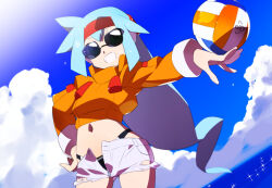 Rule 34 | 1girl, alternate costume, alternate hairstyle, ashe (mega man), ball, bikini, bikini bottom only, black bikini, blue hair, cloud, commentary request, commission, crop top, cropped jacket, green eyes, holding, holding ball, jacket, kaidou zx, long hair, mega man (series), mega man zx, mega man zx advent, midriff, navel, ocean, open clothes, open fly, open shorts, orange jacket, pixiv commission, short hair, shorts, sky, sunglasses, swimsuit, swimsuit under clothes, unbuttoned, unzipped, variant set, volleyball (object), water, white shorts