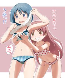 Rule 34 | 10s, 2girls, ace rocket, blue bra, blue eyes, blue hair, blue panties, blush, bra, breasts, brown eyes, fang, female focus, food print, from behind, grabbing, grabbing another&#039;s breast, grin, groping, hair down, highres, lingerie, long hair, mahou shoujo madoka magica, mahou shoujo madoka magica (anime), medium breasts, miki sayaka, multiple girls, navel, open mouth, panties, plaid, plaid bra, plaid panties, print bra, print panties, red hair, sakura kyoko, short hair, smile, strawberry bra, strawberry panties, strawberry print, translation request, underwear, underwear only, undressing, wavy mouth, yuri