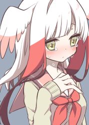Rule 34 | 1girl, alternate costume, bird wings, blush, crying, crying with eyes open, head wings, highres, japanese crested ibis (kemono friends), kemono friends, long hair, long sleeves, multicolored hair, neckerchief, petit ramune, portrait, red hair, sailor collar, school uniform, sidelocks, tears, white hair, wings, yellow eyes