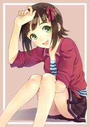 Rule 34 | 1girl, :d, amami haruka, brown hair, collarbone, green eyes, idolmaster, idolmaster (classic), looking at viewer, open mouth, short hair, sitting, skirt, smile, solo, striped, t-okada