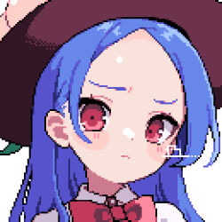 Rule 34 | 1girl, ahiru tokotoko, alternate hairstyle, black hat, blue hair, blush, closed mouth, collared shirt, commentary, forehead, hat, highres, hinanawi tenshi, long hair, parted bangs, pixel art, portrait, red eyes, shirt, simple background, solo, touhou, white background, white shirt