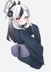 Rule 34 | 1girl, absurdres, black hair, black kimono, blue archive, blush, bright pupils, choker, closed mouth, cropped torso, ear piercing, flower, gradient hair, grey background, hair flower, hair ornament, tucking hair, halo, hand up, highres, horns, japanese clothes, kayoko (blue archive), kayoko (new year) (blue archive), kimono, long hair, looking at viewer, looking to the side, multicolored hair, pepsi2330, piercing, red eyes, sash, sidelocks, simple background, solo, two-tone hair, upper body, white hair, white pupils, yukata