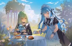 2girls absurdres apron bang_dream! bang_dream!_it&#039;s_mygo!!!!! black_bow black_bowtie black_choker black_dress black_ribbon blue_dress blue_hair bow bowtie character_doll chinese_commentary choker closed_eyes closed_mouth commentary_request cup day dress flower food frilled_apron frilled_choker frills green_hair hair_ribbon highres holding holding_cup long_hair long_sleeves maid maid_headdress maoerduo_meow multiple_girls neck_ribbon outdoors puffy_short_sleeves puffy_sleeves ribbon short_sleeves sidelocks table tablecloth togawa_sakiko vase waffle wakaba_mutsumi white_apron white_wrist_cuffs wrist_cuffs yellow_eyes