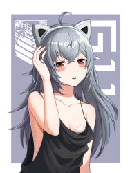 Rule 34 | 1girl, absurdres, ahoge, alternate costume, animal ears, bare shoulders, black shirt, blush, breasts, brown eyes, cat ears, character name, collarbone, fake animal ears, g11 (girls&#039; frontline), girls&#039; frontline, green hair, griffin &amp; kryuger, hand in own hair, highres, llaos, long hair, looking at viewer, open mouth, shirt, simple background, small breasts, solo, standing, strapless, teeth, upper body, upper teeth only