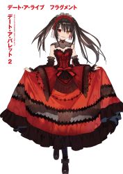 Rule 34 | asymmetrical hair, black footwear, black hair, boots, breasts, choker, cleavage, clock eyes, collair (cono), copyright name, cross-laced footwear, date a live, detached sleeves, dress, full body, gothic lolita, hairband, head tilt, heterochromia, highres, lace-up boots, lolita fashion, lolita hairband, long hair, medium breasts, official art, parted lips, red dress, red eyes, red ribbon, ribbon, see-through, skirt hold, smile, solo, standing, symbol-shaped pupils, tokisaki kurumi, twintails, white background, yellow eyes