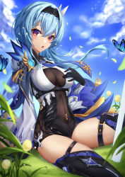 Rule 34 | 1girl, absurdres, arm support, black gloves, black hairband, black jumpsuit, black thighhighs, blue butterfly, blue hair, blue necktie, blue sky, boots, breasts, breasts apart, bug, butterfly, cloud, cloudy sky, commentary request, covered navel, eula (genshin impact), floating hair, flower, genshin impact, gloves, grass, hair between eyes, hairband, highres, insect, jumpsuit, long hair, long sleeves, looking at viewer, necktie, on ground, open mouth, outdoors, qldpopi, red eyes, sitting, sky, solo, thigh boots, thighhighs, vegetation