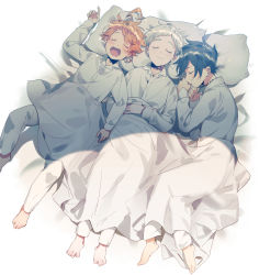 Rule 34 | 1girl, 2boys, ahoge, arm up, barefoot, bed, bed sheet, black hair, blanket, blush, closed mouth, collar, collared shirt, commentary request, emma (yakusoku no neverland), facing viewer, from above, from side, full body, hand on own stomach, highres, light, long sleeves, lying, multiple boys, neck tattoo, norman (yakusoku no neverland), number tattoo, on back, on side, open mouth, orange hair, pants, parted lips, pillow, ray (yakusoku no neverland), shadow, shirt, short hair, silver hair, simple background, smile, tattoo, thick eyebrows, white pants, white shirt, yakusoku no neverland, yala1453