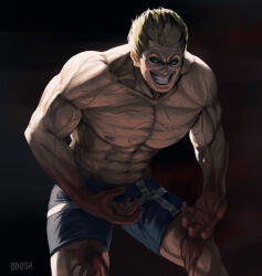 Rule 34 | 1boy, abs, absurdres, artist name, backlighting, black sclera, blonde hair, blood, blood on hands, colored sclera, commentary, crazy eyes, crazy grin, dough (doughnath), english commentary, highres, hunched over, kengan (series), kengan ashura, kure raian, male focus, muscular, muscular male, pectorals, signature, solo, topless male, veins, veiny arms, yellow eyes