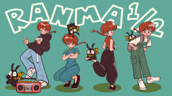 4girls animal animal_on_back animal_on_foot animal_on_head animal_print backpack bag bandana bare_shoulders belt black_footwear blue_pants blue_shirt boombox braid braided_ponytail character_name chinese_clothes copyright_name crossed_arms dancing denim facing_away fashion finger_gun genderswap genderswap_(mtf) green_background green_overalls grey_bag hands_on_own_hips handstand hood hoodie jeans leaning_back leaning_forward long_sleeves looking_at_viewer looking_back multiple_girls multiple_views norixio on_head open_mouth overalls p-chan pants pig piglet print_bandana print_hoodie ranma-chan ranma_1/2 red_eyes red_hair shirt short_hair short_sleeves single_braid sleeveless squatting standing standing_on_one_leg t-shirt tiger_print white_belt white_footwear white_shirt