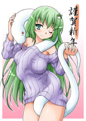 Rule 34 | 10s, 1girl, 2013, akou roushi, alternate costume, bare shoulders, between breasts, between legs, between thighs, blush, bottomless, breasts, fang, female focus, frog hair ornament, green eyes, green hair, hair ornament, kochiya sanae, large breasts, long hair, matching hair/eyes, mishaguji, naked sweater, one eye closed, ribbed sweater, smile, snake, solo, sweater, touhou, wink