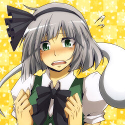 Rule 34 | 1girl, black bow, black bowtie, black hairband, blush, bow, bow hairband, bowtie, checkered background, collared shirt, commentary request, embarrassed, flying sweatdrops, furrowed brow, green eyes, green vest, grey hair, hairband, hands up, konpaku youmu, konpaku youmu (ghost), medium hair, nitoni, open mouth, puffy sleeves, shirt, short sleeves, solo, tears, teeth, touhou, upper body, upper teeth only, vest, white shirt, yellow background