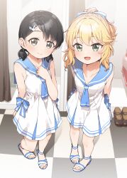 Rule 34 | 2girls, :d, black hair, blonde hair, blue sailor collar, blush, bow, brown eyes, changing room, closed mouth, collarbone, commentary request, dress, feet, green eyes, hair bow, hair ornament, hairclip, highres, idolmaster, idolmaster cinderella girls, legs, looking at viewer, multiple girls, open mouth, sailor collar, sailor swimsuit (idolmaster), sakurai momoka, sandals, sasaki chie, short hair, short twintails, smile, standing, toes, twintails, unworn footwear, white dress, yukie (kusaka shi)