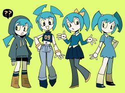 Rule 34 | 1girl, ?, ??, absurdres, alternate costume, blue dress, bow, colored skin, denim, dress, green background, hair bow, highres, hood, hood up, hoodie, jeans, jenny wakeman, joints, marreeps, midriff, multiple views, my life as a teenage robot, pants, pantyhose, pleated skirt, raised eyebrow, robot girl, robot joints, skirt, white skin, yellow bow