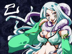 Rule 34 | 1girl, alternate color, bikini, breasts, cleavage, commentary request, detached sleeves, facial tattoo, flowery peko, green sleeves, grey background, gypsy (ragnarok online), large breasts, long hair, looking at viewer, navel, open mouth, parted bangs, ragnarok online, red eyes, scales, smile, snake, snake hair, snake tattoo, solo, strapless, strapless bikini, swimsuit, tattoo, tongue, tongue out, uneven eyes, upper body, white bikini, white hair, white snake