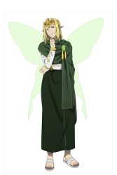 Rule 34 | 10s, 1boy, blonde hair, butterfly wings, crown, full body, green eyes, green wings, head tilt, highres, insect wings, long hair, male focus, oberon (sao), official art, pointy ears, simple background, solo, standing, sword art online, white background, wings