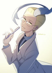 Rule 34 | 1boy, blonde hair, blue hair, colress (pokemon), commentary, creatures (company), game freak, glasses, gloves, hand up, holding, holding pen, jacket, lab coat, long sleeves, looking at viewer, looking to the side, male focus, momoji (lobolobo2010), multicolored hair, nintendo, parted lips, pen, pokemon, pokemon bw2, smile, solo, twitter username, two-tone hair, white gloves, yellow eyes