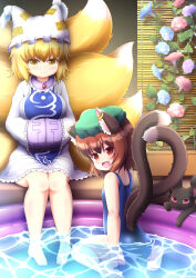 Rule 34 | 2girls, :d, animal ear fluff, animal ear piercing, animal ears, arms at sides, arms under breasts, ass, bad feet, bare arms, bare legs, barefoot, blonde hair, blue flower, blue tabard, breasts, cat ears, cat tail, caustics, chen, closed mouth, commentary request, dress, earrings, fang, flat chest, flower, flower request, fox ears, fox tail, frills, hands in opposite sleeves, happy, hat, highres, jewelry, kaenbyou rin, kaenbyou rin (cat), knees together feet apart, large breasts, light blush, looking at viewer, looking back, medium hair, mob cap, multiple girls, multiple tails, neko usagi, nekomata, one-piece swimsuit, open mouth, partially submerged, pigeon-toed, pink flower, short hair, single earring, sitting, skin fang, smile, soaking feet, swimsuit, tabard, tail, touhou, two tails, wading pool, wariza, white dress, yakumo ran, yellow eyes