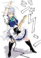 Rule 34 | 1girl, black footwear, boots, braid, commentary, full body, grey hair, high heel boots, high heels, highres, holding, holding instrument, instrument, izayoi sakuya, maid, music, playing instrument, sakamoto fred, short sleeves, side braids, simple background, solo, touhou, twin braids, white background, wrist cuffs