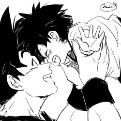Rule 34 | 1boy, 1girl, artist name, black hair, carrying, child, closed eyes, dragon ball, dragonball z, grandfather and granddaughter, greyscale, happy, miiko (drops7), monochrome, noses touching, open mouth, outstretched hand, pan (dragon ball), short hair, simple background, smile, son goku, white background, wristband