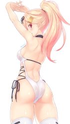 Rule 34 | 1girl, alternate costume, alternate hairstyle, back, backless swimsuit, blonde hair, cowboy shot, dan (kumadan), fang, fang out, hair flaps, high ponytail, highres, kantai collection, one-piece swimsuit, red eyes, see-through, simple background, skindentation, solo, swimsuit, thighhighs, water drop, white background, yuudachi (kancolle), yuudachi kai ni (kancolle)