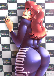 Rule 34 | 1girl, against wall, ass, bodysuit, curvy, from behind, green eyes, highres, huge ass, long hair, looking at viewer, looking back, open mouth, original, pantylines, red hair, rybiorock, shiny clothes, skin tight, smile, solo, thick thighs, thighs, tongue, wide hips