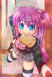 Rule 34 | 1girl, absurdres, black jacket, blue eyes, blush, bow, bread, bread slice, brown footwear, colored eyelashes, commentary request, day, food, food in mouth, foreshortening, grey skirt, hair between eyes, hair bobbles, hair ornament, hairclip, highres, jacket, jam, little busters!, little busters! school uniform, loafers, long hair, long sleeves, looking at viewer, may salamanya, miniskirt, mouth hold, nice knee socks day, one side up, open door, outdoors, pink bow, plaid, plaid skirt, pleated skirt, purple hair, saigusa haruka, school uniform, shiny skin, shoes, side ponytail, skirt, solo, standing, standing on one leg, straight-on, striped clothes, striped thighhighs, sunlight, tareme, thighhighs, toast, toast in mouth, v-shaped eyebrows, very long hair, zettai ryouiki