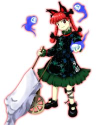 Rule 34 | 1girl, animal ears, blush, cart, cat ears, cat girl, dress, extra ears, female focus, full body, hair ribbon, kaenbyou rin, mary janes, official art, pointy ears, red eyes, red hair, ribbon, shoes, skull, smile, solo, subterranean animism, touhou, transparent background, wheelbarrow, zun (artist)
