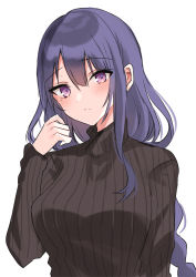 1girl black_sweater braid breasts commentary_request genshin_impact hair_between_eyes hand_up kinona long_hair long_sleeves looking_at_viewer medium_breasts purple_eyes purple_hair raiden_shogun ribbed_sweater simple_background single_braid solo sweater turtleneck turtleneck_sweater upper_body very_long_hair white_background