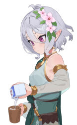Rule 34 | 1girl, antenna hair, bare shoulders, blush, closed mouth, commentary request, cup, detached sleeves, flower, green sleeves, grey hair, hair between eyes, hair flower, hair ornament, highres, holding, holding cup, kokkoro (princess connect!), milk, pointy ears, princess connect!, purple eyes, see-through, see-through sleeves, short hair, simple background, some1else45, white background, wooden cup