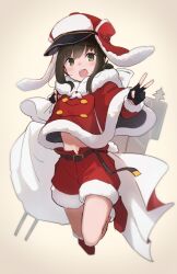 Rule 34 | 1girl, absurdres, belt, black belt, black gloves, black hair, blush, fingerless gloves, fubuki (kancolle), full body, gloves, green eyes, highres, kantai collection, looking at viewer, ma rukan, machinery, open mouth, red shorts, rigging, santa costume, short hair, short ponytail, shorts, signature, simple background, solo, turret, v, yellow background
