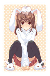 Rule 34 | animal ears, animal slippers, bad id, bad pixiv id, brown hair, rabbit, bunny slippers, heart, long hair, original, rabbit ears, red eyes, slippers, solo, squatting, takei ooki, thighhighs