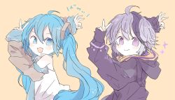 Rule 34 | 2girls, :&gt;, :d, ahoge, arm up, bare shoulders, black sleeves, blue eyes, blue hair, blue necktie, chibi, commentary, detached sleeves, flower (vocaloid), flower (vocaloid4), from side, goodbye sengen (vocaloid), hair ornament, hatsune miku, highres, hood, hooded jacket, jacket, long hair, looking at viewer, multicolored hair, multiple girls, necktie, ok sign, open mouth, purple eyes, purple hair, purple jacket, shirt, short hair, sketch, sleeveless, sleeveless shirt, sleeves past wrists, smile, standing, streaked hair, twintails, upper body, v, v-shaped eyebrows, very long hair, vocaloid, white shirt, xxxx saki, yellow background