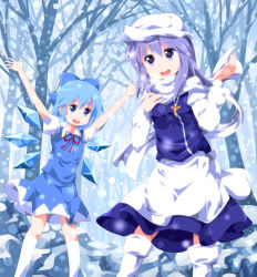 Rule 34 | 2girls, blue eyes, blue hair, bow, cirno, dress, hair bow, hat, ice, ice wings, kneehighs, letty whiterock, light purple hair, multiple girls, open mouth, perfect cherry blossom, ribbon, ruu (tksymkw), scarf, snow, snowing, socks, touhou, white scarf, wings, winter