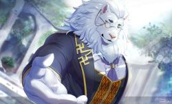 Rule 34 | 1boy, animal ears, animal nose, bara, blurry, bokeh, butler, commentary request, depth of field, formal, frilled shirt, frills, furry, furry male, gloves, green eyes, highres, imakuma ama, large pectorals, lion boy, lion ears, male focus, mane, mature male, monocle, monocle chain, muscular, muscular male, neckerchief, outdoors, outstretched arm, pectorals, purple neckerchief, shirt, smile, snout, snow (housamo), solo, suit, sunlight, thick eyebrows, tokyo houkago summoners, twitter username, upper body, vest, white gloves, white hair