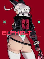 Rule 34 | 1girl, ahoge, animal ears, ass, ass focus, belt, black jacket, blue eyes, bracelet, breasts, butt crack, chain, character name, cleavage, clover, collar, cowboy shot, cropped jacket, elphelt valentine, four-leaf clover, from behind, guilty gear, guilty gear xrd, gun, hairband, hand on own hip, handgun, heart, highleg, highres, holding, holding weapon, jacket, jewelry, large breasts, looking back, red background, short hair, silver hair, skullworms, spiked bracelet, spiked collar, spiked hairband, spikes, thighhighs, weapon, white thighhighs