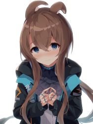 Rule 34 | 1girl, absurdres, amiya (arknights), animal ear fluff, animal ears, arknights, black jacket, blue eyes, blush, brown hair, closed mouth, fingers together, grey neckwear, hair between eyes, highres, hood, hood down, hooded jacket, index fingers together, jacket, jewelry, long hair, mizu (lzzrwi603), nose blush, open clothes, open jacket, rabbit ears, ring, shirt, sidelocks, simple background, smile, solo, thumb ring, upper body, very long hair, white background, white shirt