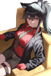Rule 34 | 1girl, absurdres, animal ear fluff, animal ear piercing, animal ears, arknights, belt, black belt, black hair, black jacket, chest belt, cigarette, collared shirt, couch, cowboy shot, gloves, grey necktie, grey shorts, hair between eyes, high belt, highres, jacket, long hair, long sleeves, looking at viewer, mouth hold, necktie, official alternate costume, on couch, open clothes, open jacket, orange eyes, ponytail, puranetto (vjun4748), red gloves, red shirt, shirt, shorts, simple background, sitting, skindentation, smoking, solo, striped clothes, striped shorts, texas (arknights), texas (willpower) (arknights), thigh strap, vertical-striped clothes, vertical-striped shorts, white background, wolf ears, wolf girl