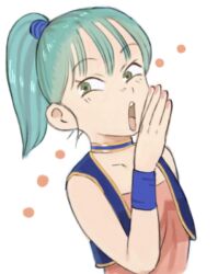 Rule 34 | 1girl, blue hair, bulma, choker, collarbone, dragon ball, dragon ball (classic), gan2, green eyes, laughing, long hair, looking at viewer, nail polish, open mouth, ponytail, simple background, smile, solo, white background